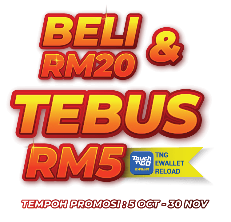Beli RM20 & Tebus RM5 Tng Ewallet Reload. Tempoh Promosi : 5 Oct - 30 Nov