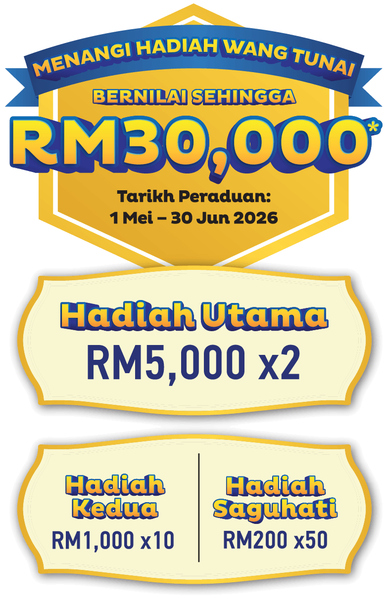 Hadiah Utama RM5,000 x2. Hadiah Kedua RM1,000 x10. Hadiah Saguhati RM200 x50